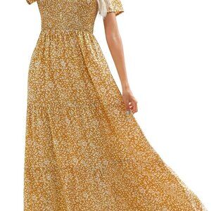 Womens 2025 Summer Fall Smocked Wedding Guest Maxi Dress Casual Short Sleeve Flo